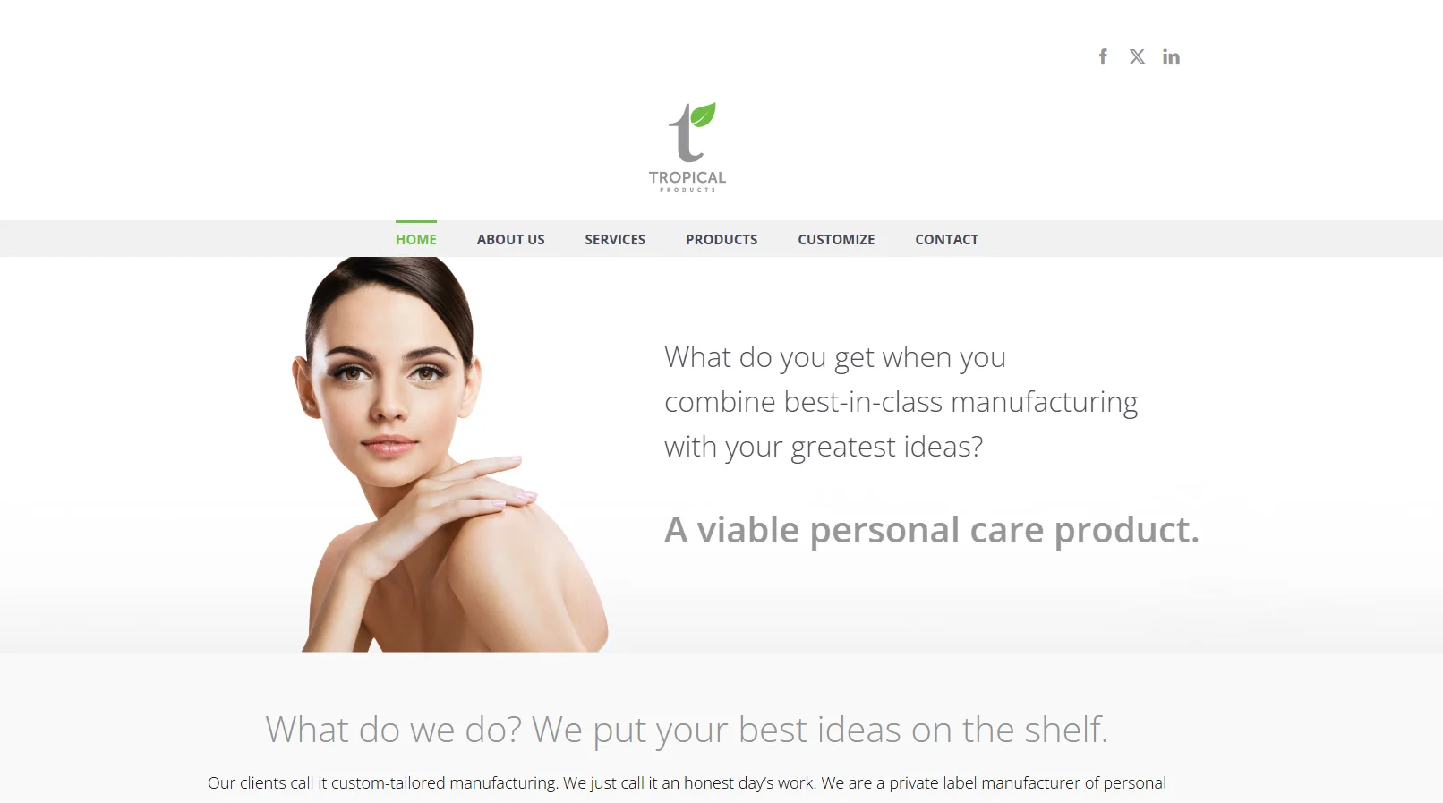 Website header featuring text discussing custom personal care product manufacturing by Tropical Products. Includes menu and slogan.